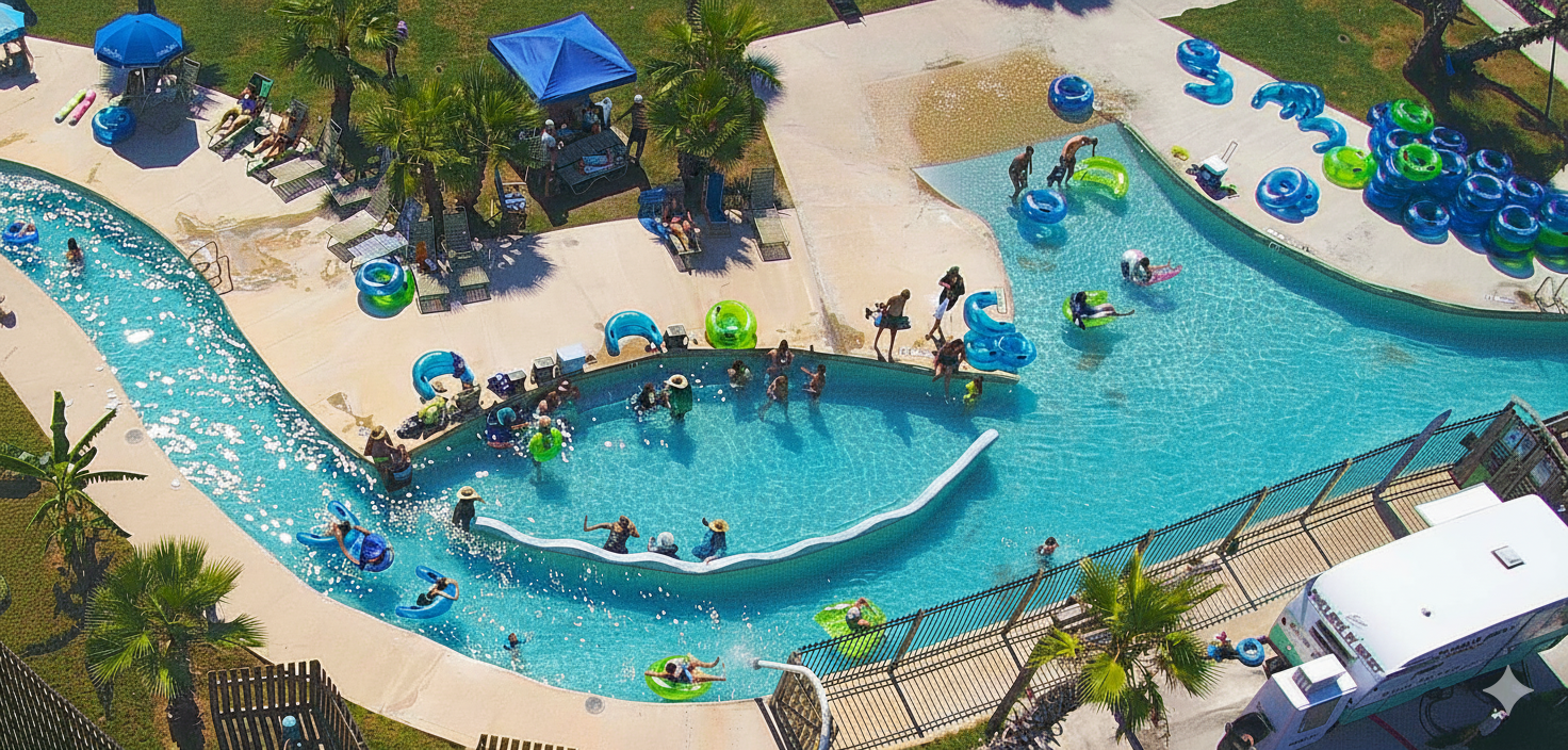 Aerial view of Jamaica Beach RV Resort lazy river and pool area with people relaxing and floating on inner tubes