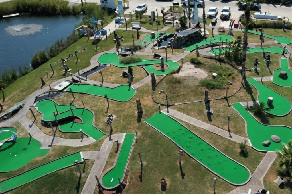 Aerial view of mini-golf course at Jamaica Beach RV Resort with winding putting lanes and landscaped surroundings