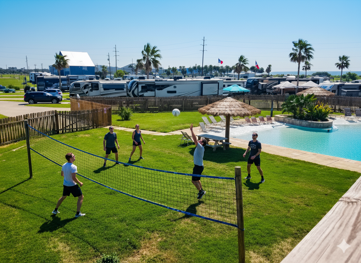 Visitors playing volleyball beside the pool area at Jamaica Beach RV Resort with RVs and palm trees in the background