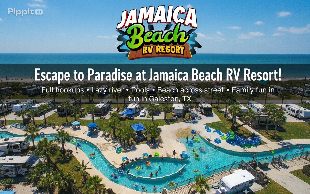 Jamaica Beach RV Resort with RVs parked near a large lazy river pool surrounded by palm trees and lounge chairs
